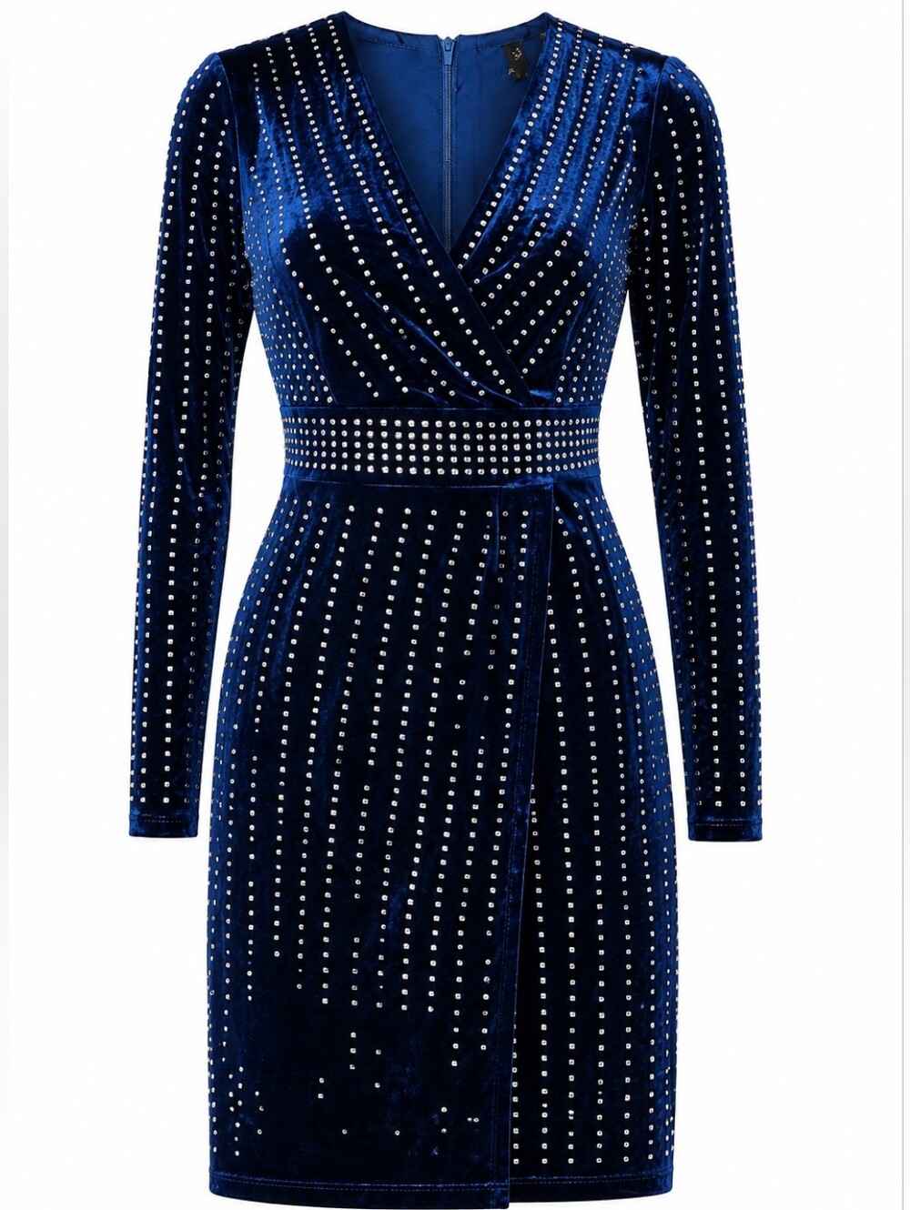 WINDSOR | Elegant Alexa Blue Velvet Wrap Dress Sequins Long Sleeves Bodycon | XS